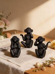 3pcs/Set Monkey Shaped Resin Ornament Set,Don't Listen, Don't Look, Don't Talk, Black Handicrafts, Suitable For Desktop, Bookshelf, Tv Cabinet, Office, Home Decoration Best Gifts Birthday Graduation - Black - View 2