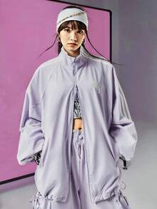 Chaqueta con cuello alto y cremallera con estampado de 3 rayas y logotipo de Adidas retro para mujer - Morado - Ver 1