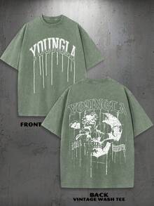 1PC Y2K Vintage Washed T-Shirt | Men's Graphic Tee | YLA Dripping Skull Design Pattern | Gifts For Men Or Boyfriend | 100% Cotton | 230Gsm Thickened Fabric | Unisex - 綠色 - 查看 1