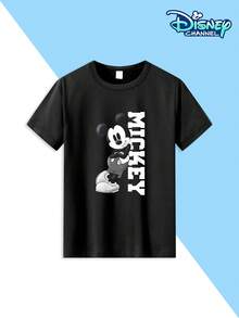 Boys' Casual Crew Neck T-Shirt With Classic Disney Mickey Mouse Print. The Front Features A Black And White Mickey Mouse With His Arms Crossed And The Word "MICKEY" Vertically. Suitable For Children Aged 4-12, Perfect For Theme Park Outings, Family Vacations, Everyday School Days, Outdoor Parties, And More. Sweat-Wicking, Breathable, Skin-Friendly, Comfortable, And Durable. The Cartoon IP Design Meets Boys' Daily Clothing Needs. Compatible With Wide-Leg Jeans, Cargo Shorts, Casual Sportswear, And Other Casual Wear. A Versatile Children's Clothing Item That Goes With Everything. - Black - View 2