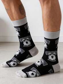 1 双男士黑灰撞色雪纳瑞犬图案中筒袜，适合所有季节休闲穿着 - 彩色 - 查看 4