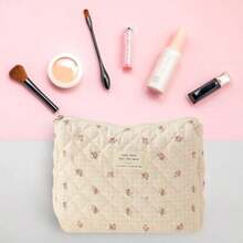 Neceser Floral De Algodón Bolsa De Maquillaje GrandeBolsa De Cosméticos Acolchada Con Asa De Gran Capacidad Bolsa Organizadora De Maquillaje De Viaje Bolsa De Almacenamiento Multifunción - Flor cuadrada - Ver 3