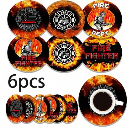 6个2D打印消防员图案圆形木质杯垫，适用于庭院、厨房、客厅、家庭聚会、餐桌装饰，是馈赠亲朋好友的理想之选，也是情人节、婚礼、生日、节日派对家居装饰的完美配件，更是送给朋友的最佳礼物。
