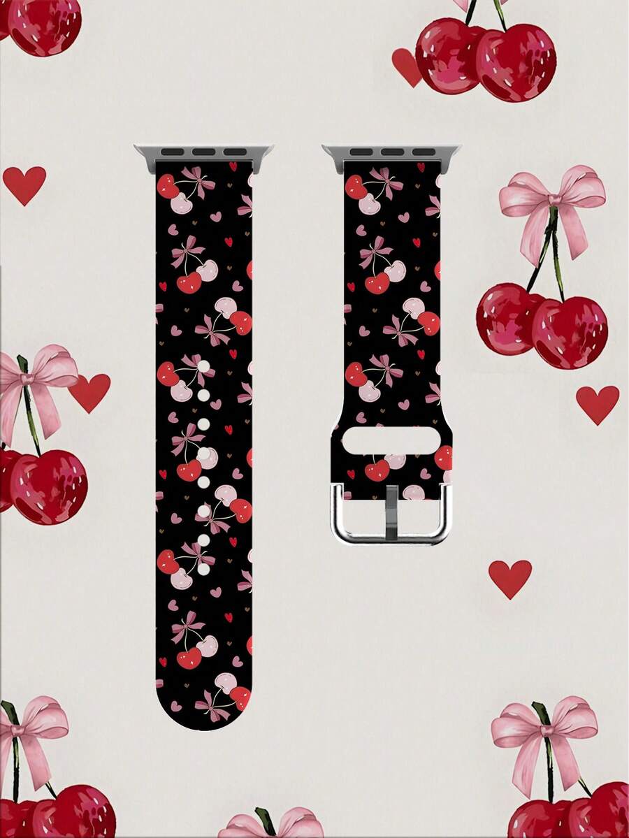 1条黑色底粉色樱桃爱心图案柔软弹性透气舒适替换表带，兼容三星、荣耀智能手表，尺寸可选38mm、40mm、41mm、42mm、46mm、45mm、44mm、49mm，节日礼物日常时尚休闲多色硅胶表带，兼容苹果手表Ultra SE/11/10/9/8/7/6/5/4/3/2/1，可爱樱花图案 - 彩色 - 查看 1