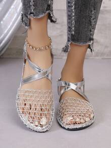 女士银色网眼套脚凉鞋，新款露趾时尚软底平底拖鞋，休闲夏季鞋 - 銀色 - 查看 1