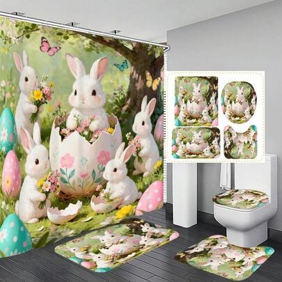 1pc/3pcs/4pcs Easter Bunny, Floral, Egg Multifunction Bathroom Decor Shower Curtain Set, Free 12 Hooks Included, Elegant Holiday Atmosphere, Bathroom Mat, U-Shaped Toilet Mat And Round Toilet Mat, Suitable For All Scenarios Bathroom Set