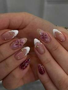 24pcs Almond-Shaped 3D Gel Nail Stickers, Floral Nail Art Design, French Tip Stickers, Pearl Decor, Perfect Fit Acrylic Nail Kit, Includes: 1pc Jelly Gel And 1pc Nail File, Bloominggelnails French Manicure, Suitable For Women's Daily Work, Festivals, Parties, Etc. Nail Supplies TVYF - 酒紅色 - 查看 10