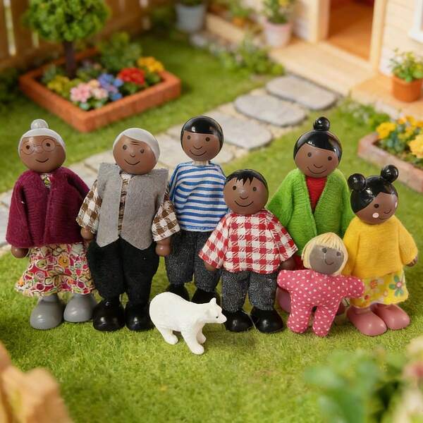 8件套木制家庭人偶及北极熊装饰套装 - 微缩人物模型，北极主题微景观配件，温馨家居装饰，客厅摆件，创意节日礼物