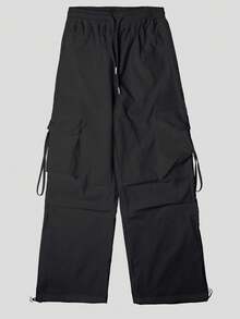 High Waist Flap Pocket Drawstring Waist Elastic Hem Pleated Casual Wide Leg Parachute Cargo Pants, Street Style Black Spring - Black - View 7