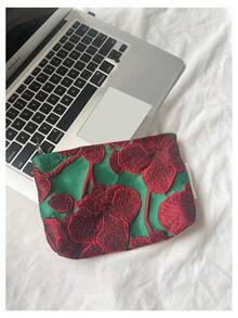 1个绿色和酒红色花卉图案便携多功能旅行化妆包，时尚休闲大容量拉链化妆包，旅行文具收纳包，度假必备化妆包，可装耳机、充电器、口红、化妆品、香水、护肤品、家居装饰品，适合妈妈、护士、学生、钥匙扣持有者，节日礼物 - 紅色 - 查看 5