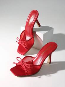 Women Fashion Stiletto Mule Sandals With Bow Mesh Decorative, Open Toe Mesh Breathable Slip-On Summer High Heel Sandals For Daily Party Wedding Wearing - 紅色 - 查看 1