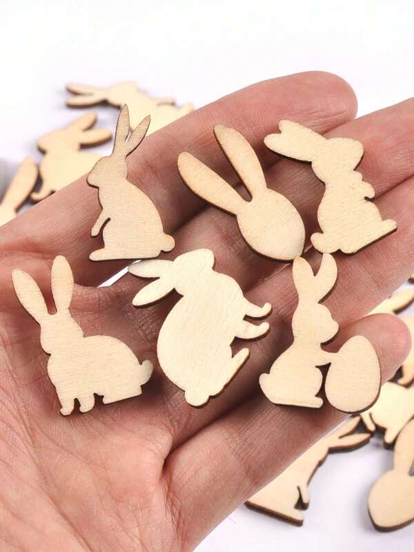 50pcs 3x1.9cm Approx. Natural Wood Easter Bunny Shape Mixed Wood Slices, Craft Wood Pieces For DIY Holiday Decor
