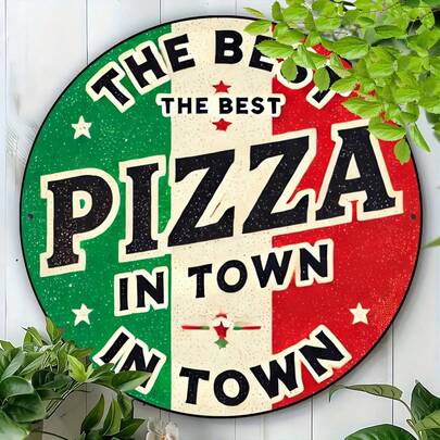 1 pieza "La mejor pizza de la ciudad" Placa de pared de madera vintage - Cartel redondo de 8" X 8", adecuado para amantes de la pizza, perfecto para la decoración de pizzerías y restaurantes, arte de pared, decoración colgante, ideal para la decoración de la habitación, con agujeros previamente perforados como se muestra en el tamaño