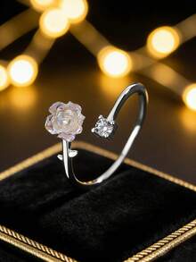 925 Sterling Silver Iridescent Rose Ring, Open Cubic Zirconia Design, Unique Delicate Silver Jewelry, Gift For Girlfriend - White - View 5