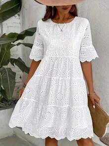 Plus Size Women Solid Color Embroidered Vacation Dress Elegant White Summer - White - View 2