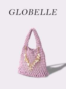 Túi đi biển phong cách Bohemian GLOBELLE - Túi tote đan lưới macrame thủ công với mặt dây chuyền hình sao biển vỏ sò vàng, ví đan móc lý tưởng cho mùa hè, bên hồ bơi và những kỳ nghỉ ven biển. - Màu tím hoa cà - Xem 7