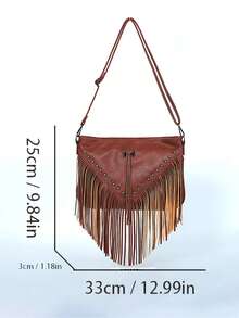 女士麂皮PU豹纹单肩包，流苏铆钉装饰手提包，朋克波西米亚复古斜挎包 - 棕色 - 查看 2