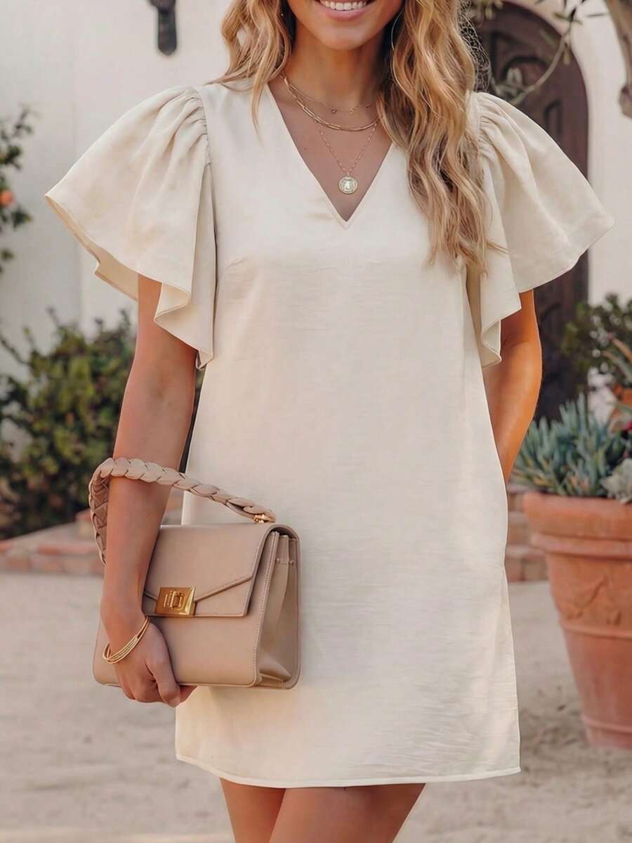 女士杏色荷叶边复古连衣裙，优雅V领短款连衣裙，精致剪裁，适合度假、工作、日常穿着和下午茶，春夏度假装