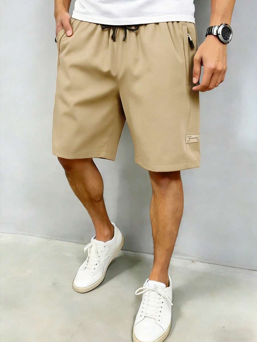 Quần short nam thường ngày, quần thời trang tối giản màu trơn mùa hè, thiết kế túi khóa kéo. - Màu Khaki - Xem 1