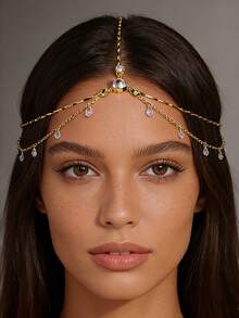 1pc Minimalist Metal Chain With Crystal Pendant Headchain/Hair Accessory, Bohemian Style Suitable For Women's Beach/Resort Outfits, Bridal Wedding Decoration - Gold - View 1