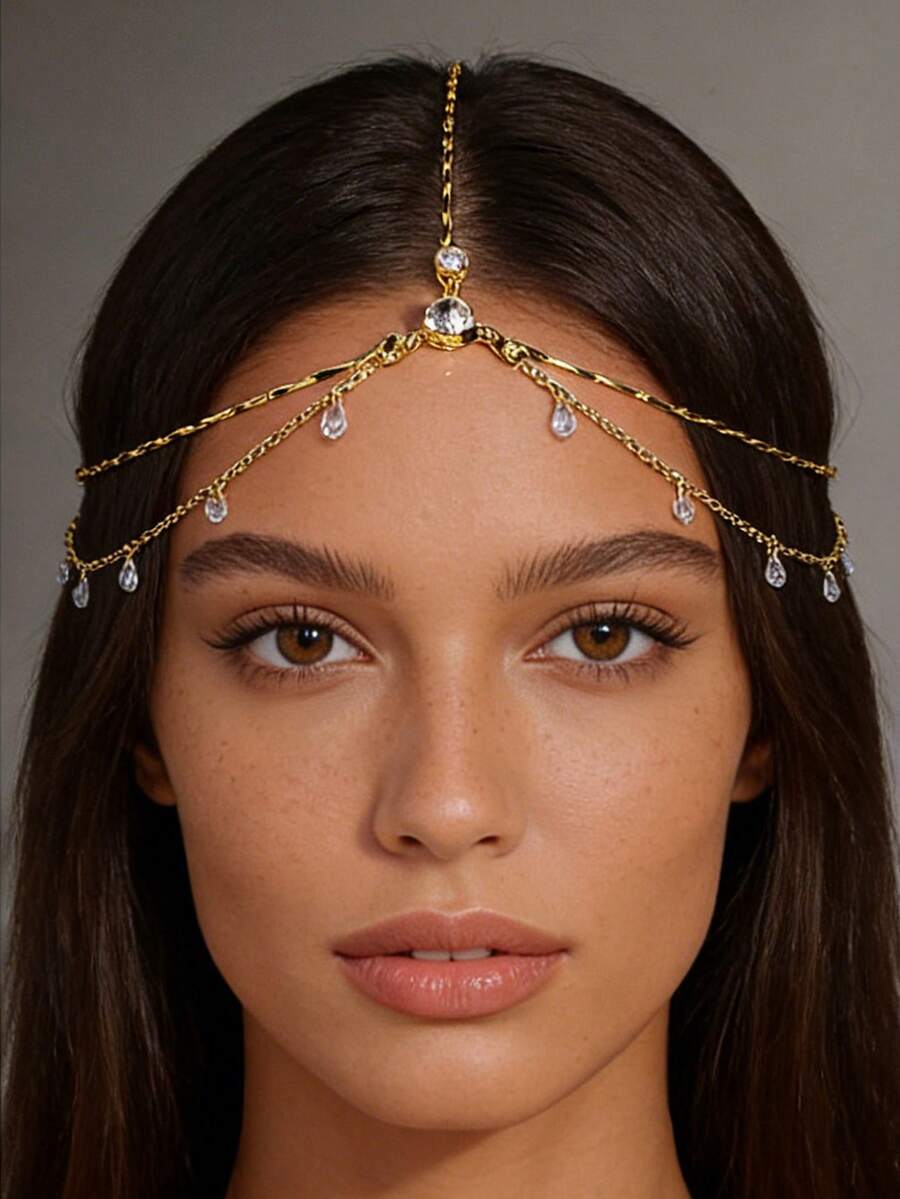 1pc Minimalist Metal Chain With Crystal Pendant Headchain/Hair Accessory, Bohemian Style Suitable For Women's Beach/Resort Outfits, Bridal Wedding Decoration - Gold - View 1