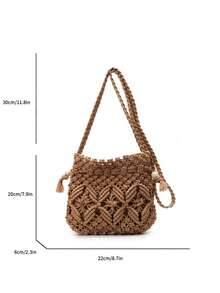 Handmade Woven Women's Bucket Bag, Fashion Versatile Drawstring Lock Closure Crossbody Bag For Ladies - Khaki - View 6