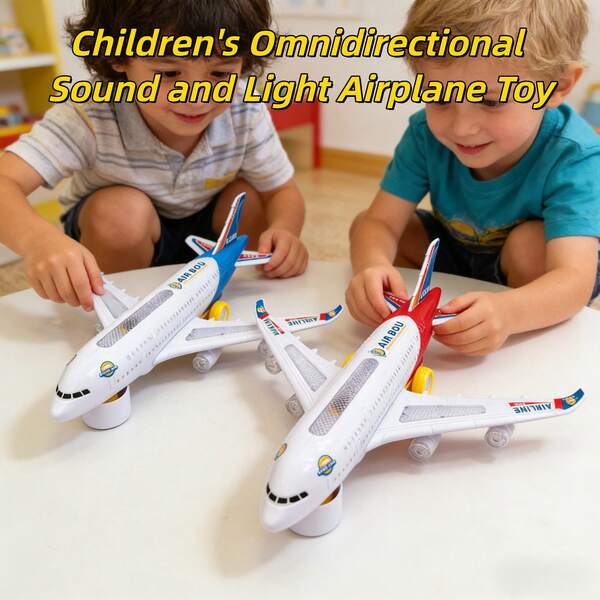 Children's Electric Omnidirectional Sound & Light Music Assembly Airplane Toy, Cool Lighting Auto Obstacle Avoidance Airliner Model, Parent-Child Interactive Educational Game, Suitable As Birthday Gift For Boys And Girls Aged 3+ (Tail Color Random)