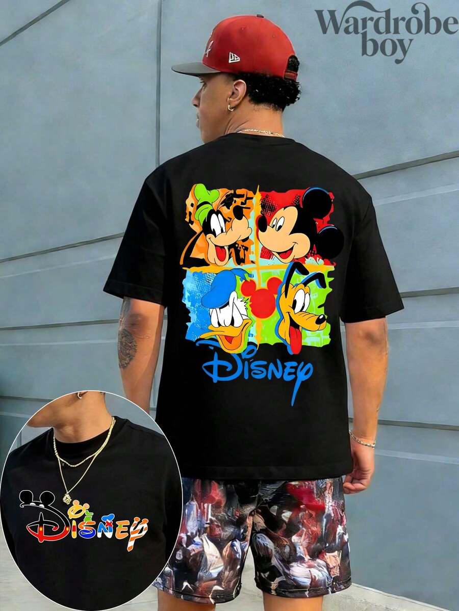 Disney Printed T-Shirt,Men's Vintage Disney Mickey And Friends Donald Duck, Goofy, Pluto Comfortable Color T-Shirt, Mickey Mouse T-Shirt, Disneyland Magical Kingdom Family Trip T-Shirt, Unisex,High-Quality Pure Cotton T-Shirt,Suitable For All Seasons, Comfortable And Breathable| Exquisite Design | The Best Choice For Giving Gifts - Black - View 1