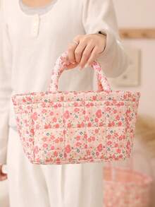 1Pc Floral Print Quilted Storage Basket Laundry Basket Large Capacity Portable Storage Bag Foldable Snack Basket With Handle For Women And Girls Cosmetic Storage Basket Toy Storage Basket Skincare Storage Basket Women Makeup Storage Multifunctional Storage Basket Cosmetic Organizer Home Decor Livingroom Bedroom Decor Bathroom Decor Closet Organization And Storage Clothes Organizer Home Deco School Dormitory Back To School Essentials - Pink - View 10