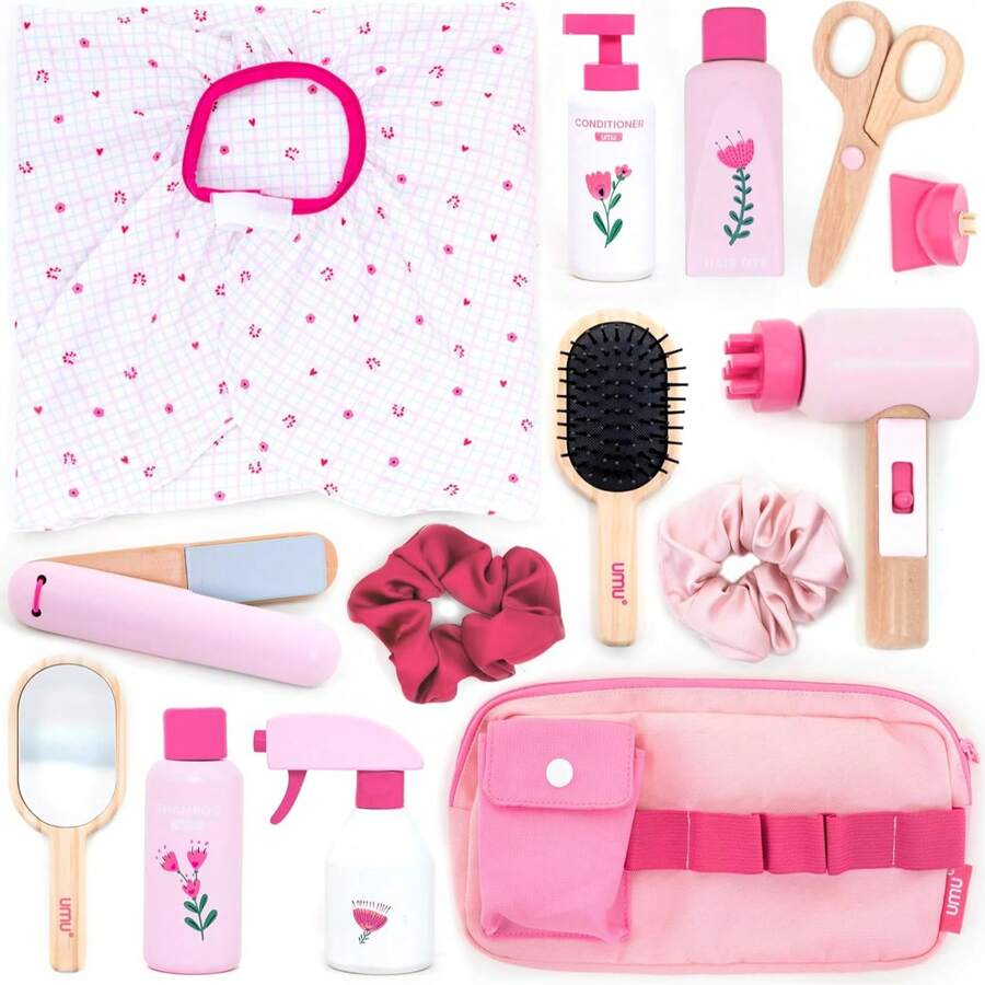 木制化妆玩具套装，适合小女孩角色扮演游戏，逼真的化妆美容玩具套装，适合作为生日礼物 - 彩色 - 查看 1