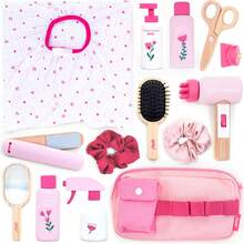 木制化妆玩具套装，适合小女孩角色扮演游戏，逼真的化妆美容玩具套装，适合作为生日礼物 - 彩色 - 查看 8