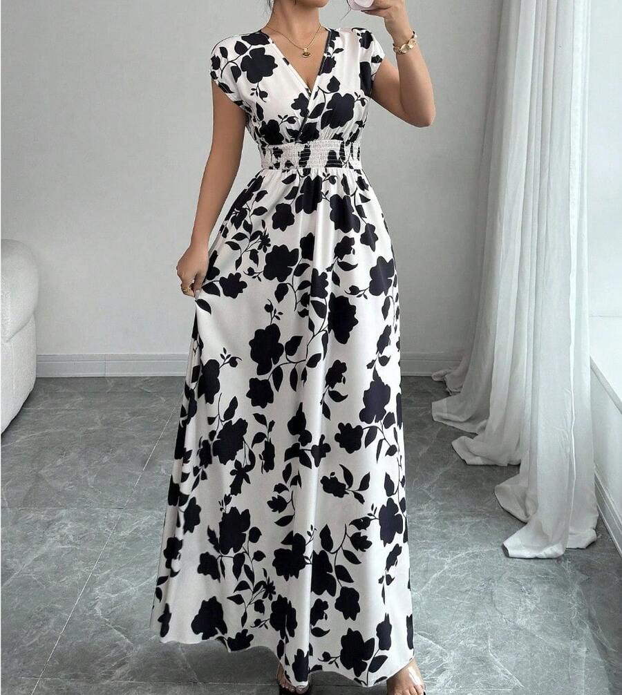 Short-Sleeve Tie-Dye Dress, 's New Printed V-Neck Long Dress, Cross-Border Summer Waist-Cinching Women's Clothing - 白底黑花連身裙 - 查看 1