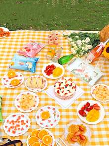 1pc Folding Picnic Blankets Beach Bag, Large Family Picnic & Outdoor Beach Blanket Machine, Washable Plus Thick Checkered Sandproof Grass Waterproof Foldable Camping On Beach Mat,Perfect For Camping, Family & Friends Outings! - Yellow - View 4