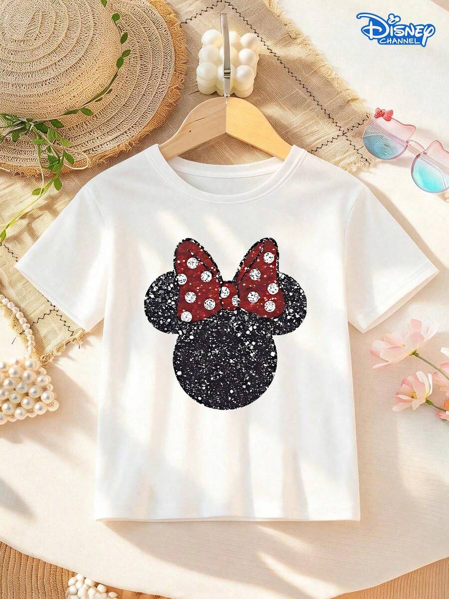 Sparkly Minnie Mouse Head Graphic T-Shirt For Kids, Cute Sequined Bow Design, Casual Crew Neck Short Sleeve Tee, Unisex Boys Girls Fashion Top, Ideal For Disney Trips & Daily Wear - 白色 - 查看 1