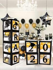 1 Set 2026 Graduation Party Decoration Box, Includes Building Blocks Box, Graduation Party Decor Set And 4 Black Boxes With "GRAD", "Class Of 2026" And "Proud Of You" Logos, Suitable For 2026 Graduation Celebration, 2026 Graduation Party Decor, Surprise Graduation Season Party Gift Box, Photo Background Decor - Black - View 3