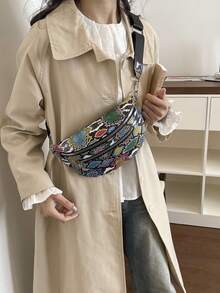 Contrast Color Snake Skin Pattern Chest Bag, Fashionable Zipper Shoulder Crossbody Bag, Unisex Waist Pack For All Seasons - Multicolor - View 5