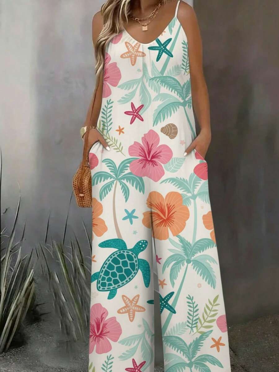 Christmas Snowman Print Wide Leg Jumpsuit With Pockets - Relaxed Fit, Stretch Polyester Blend, Available In Sizes S-XXL, All Seasons (No Underwear) - 多色3 - 查看 1