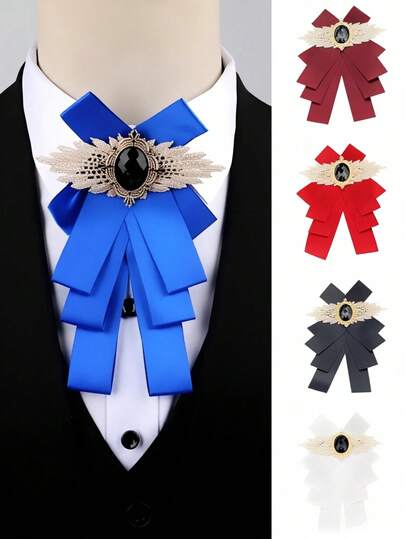 Luxury Elegant Fashionable Luxury British Style Satin Bow Tie - Gemstone Embellished Layered Bow Tie, Elegant Fashion Perfect Suit Accessory For Dinner Party, Formal Event, Wedding, Business Banquet, Prom, Evening Party, Ball, Gala, Theater, Opera, Cocktail Party & Work Event