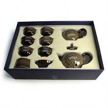 Juego de té de cerámica de esmalte de horno 9 piezas tetera de 10 onzas con filtro de taza Gongdao y 6 tazas pequeñas de cerámica esmaltada cambiante (juego café) - Conjunto marrón - Ver 2