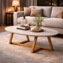 Classic Oval Coffee Table For Modern Living Room With Solid Wood Legs - Off White - View 2