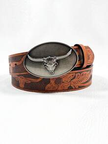 1pc Unisex Retro Bull Head Buckle Belt, Classic Engraved PU Leather Fashion Accessory, Western Style Casual Waist Belt - Multicolor - View 7