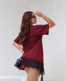 Asymmetrical Lace T-Shirt, Asymmetrical Lace Tee, Autumn/Winter Collection - Redwood - View 5
