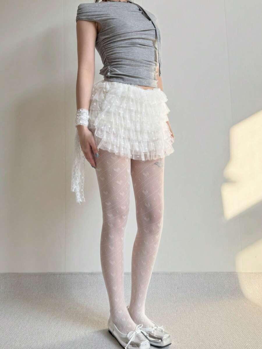 1 Pair Women's Herringbone Heart Polka Dot Fishnet Stockings, Valentine's Day - White - View 1