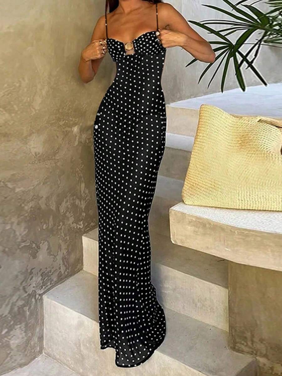 1pc Polka Dot Print Summer Sleeveless Dress, Suitable For Women's Beach Vacation Outfit On Valentine's Day, Elegant Party Wear Wedding Black Spring