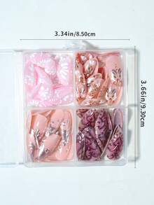 96片（4种不同款式/套）杏仁形3D法式美甲贴纸，包含3D金色、银色、粉色花卉元素和鹿角装饰，欧美甜美酷炫风格，易于佩戴的亚克力假指甲套装，附赠1瓶胶水和1把指甲锉，适合女性日常生活和各种派对场合。 - 彩色 - 查看 6