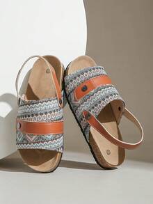 Women's Round Toe Flat Casual Slip-On Sandals With Floral Print, Versatile - Coffee Brown - View 1