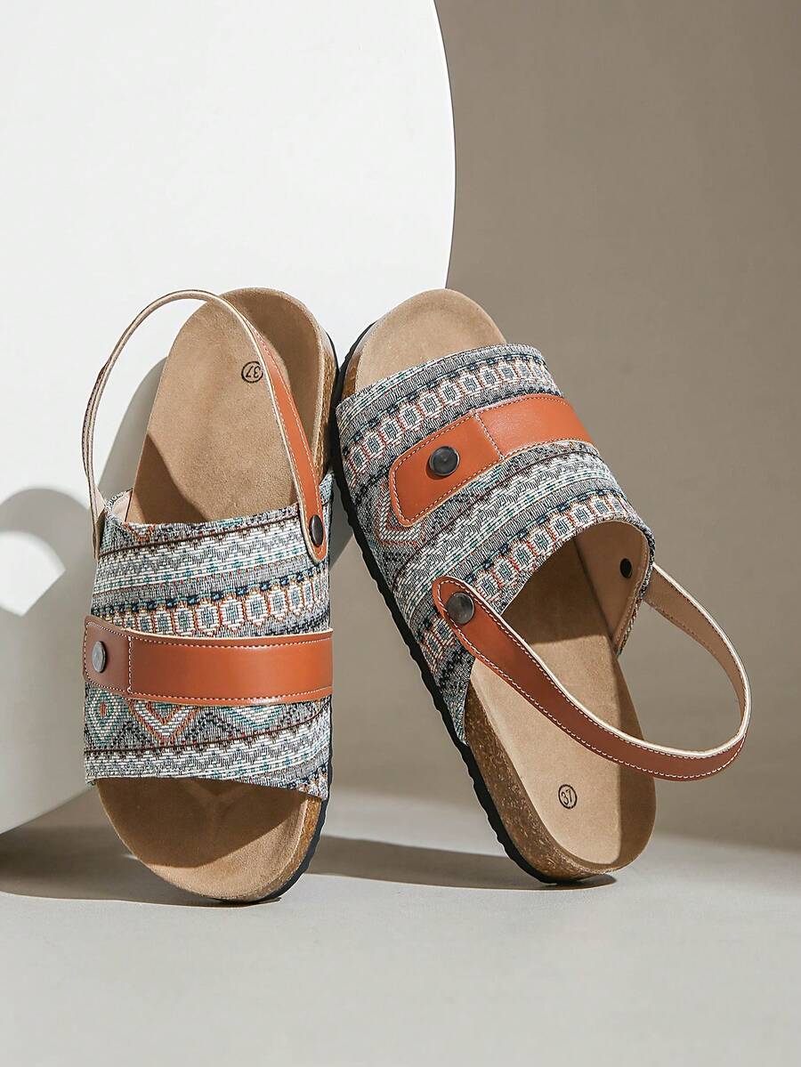 Women's Round Toe Flat Casual Slip-On Sandals With Floral Print, Versatile - Coffee Brown - View 1