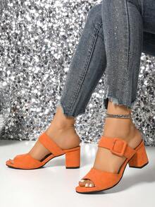 Solid Color Fabric Faux Button High Heel Sandals, Suitable For Party, Outdoor, Holiday, Office, Wedding, All Seasons - Orange - View 6
