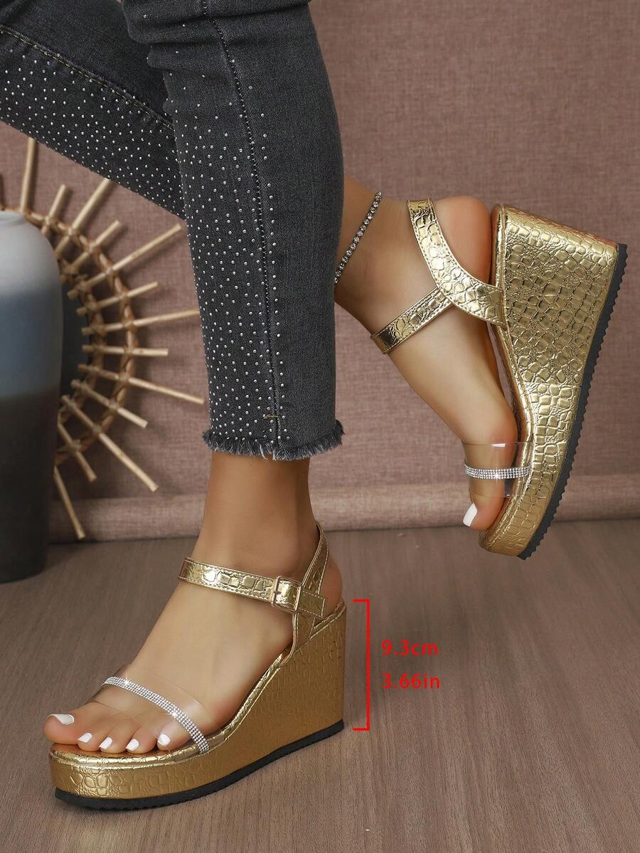 1 Pair Elegant Solid Color Crystal Wedge Sandals, Suitable For Outdoor Wear In Spring And Autumn - Gold - View 1