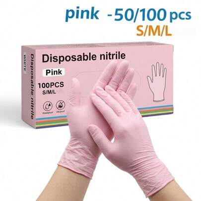 100pcs Pink Nitrile Disposable Gloves, Powder-Free, Latex-Free, Non-Sterile, Suitable For Cleaning, Cooking, Beauty